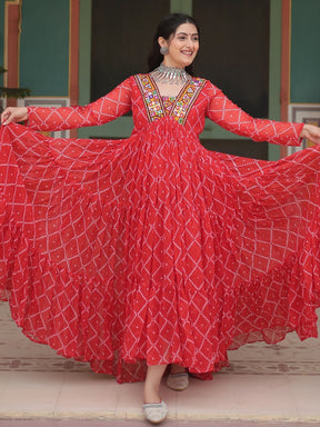 Stunning Red Bandhani Printed Georgette Gown For Festive Navratri Wear