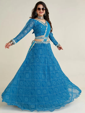 Gorgeous Sky-Blue Bandhani Print Georgette Navratri Wear Lehenga Choli