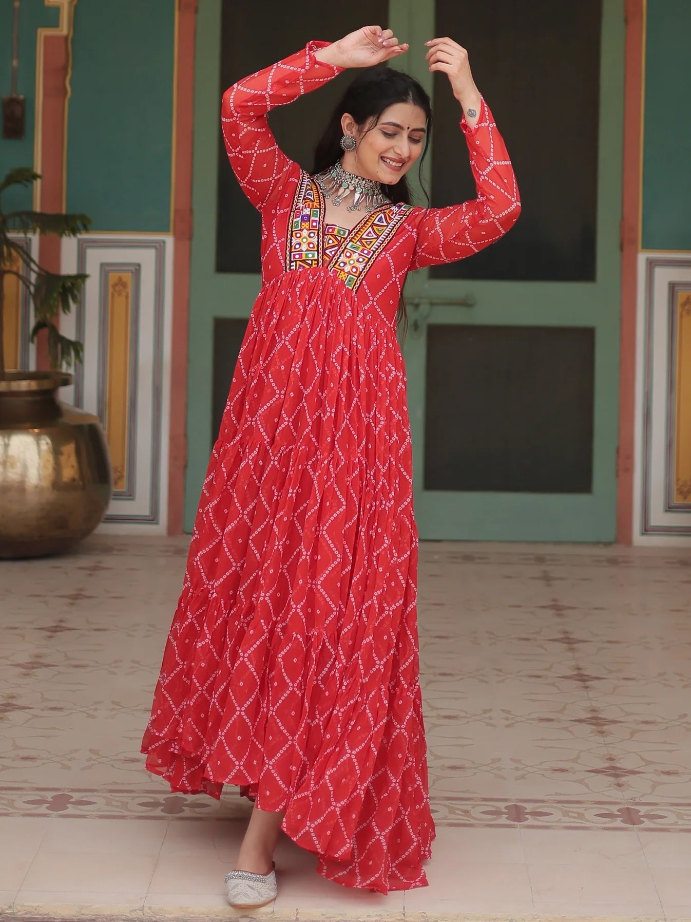 Stunning Red Bandhani Printed Georgette Gown For Festive Navratri Wear