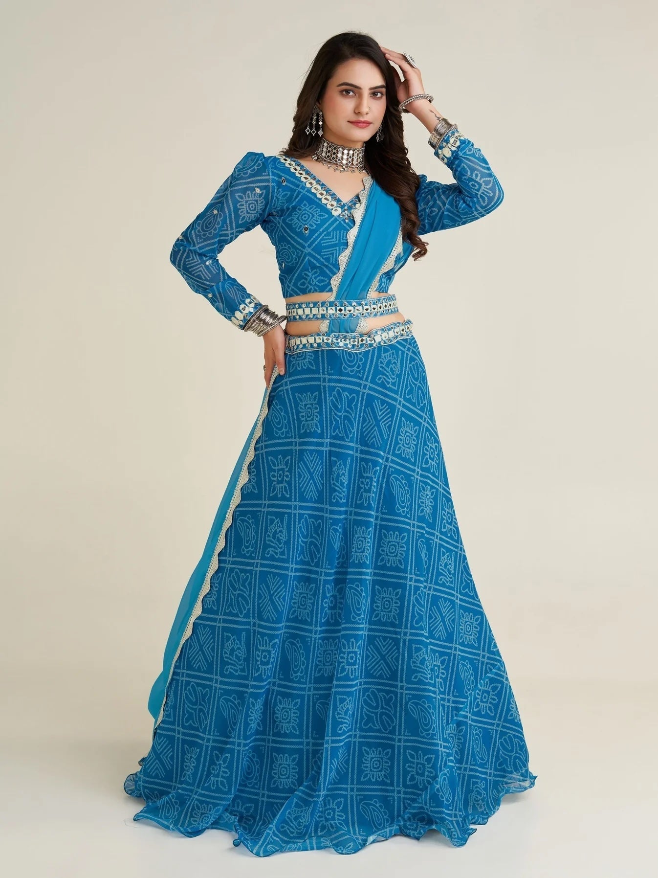 Gorgeous Sky-Blue Bandhani Print Georgette Navratri Wear Lehenga Choli