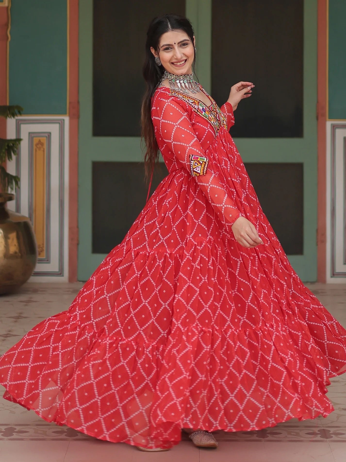 Stunning Red Bandhani Printed Georgette Gown For Festive Navratri Wear