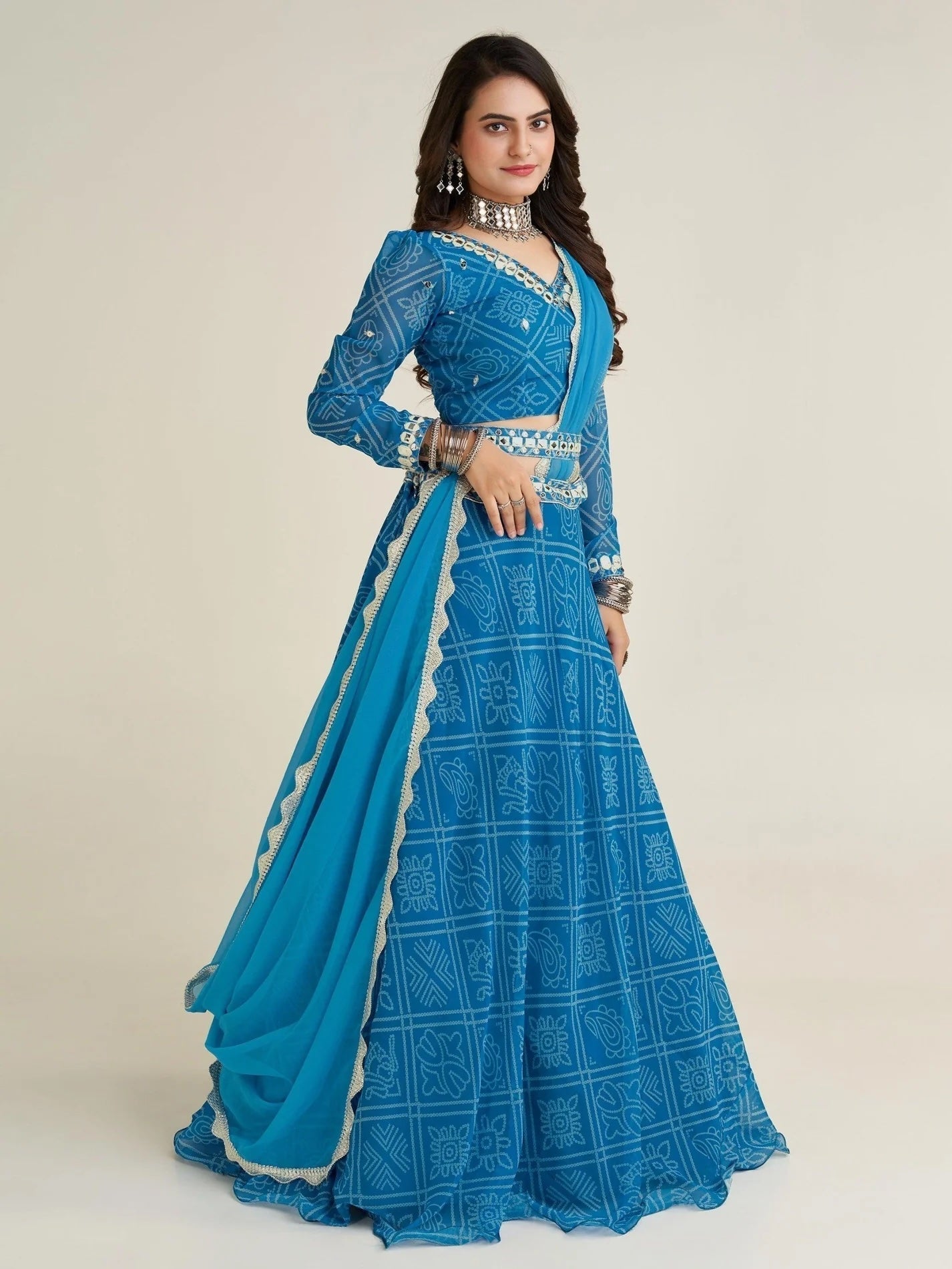 Gorgeous Sky-Blue Bandhani Print Georgette Navratri Wear Lehenga Choli