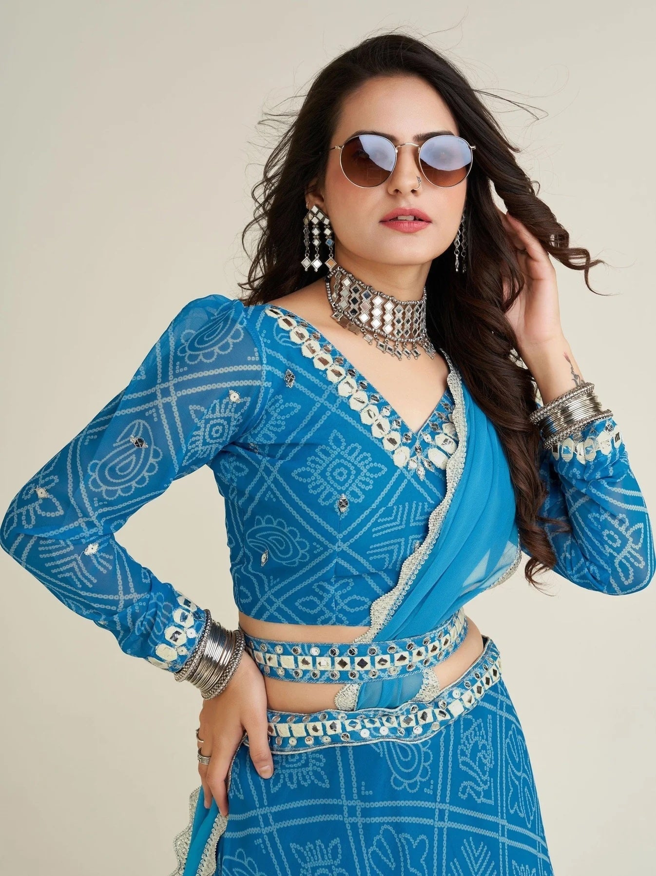 Gorgeous Sky-Blue Bandhani Print Georgette Navratri Wear Lehenga Choli