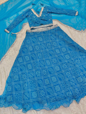 Gorgeous Sky-Blue Bandhani Print Georgette Navratri Wear Lehenga Choli