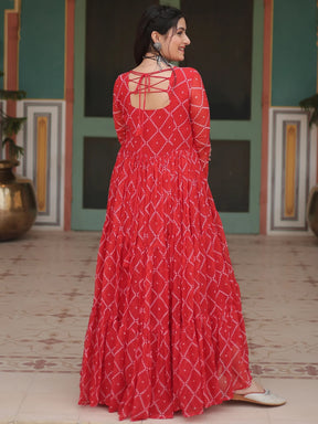 Stunning Red Bandhani Printed Georgette Gown For Festive Navratri Wear