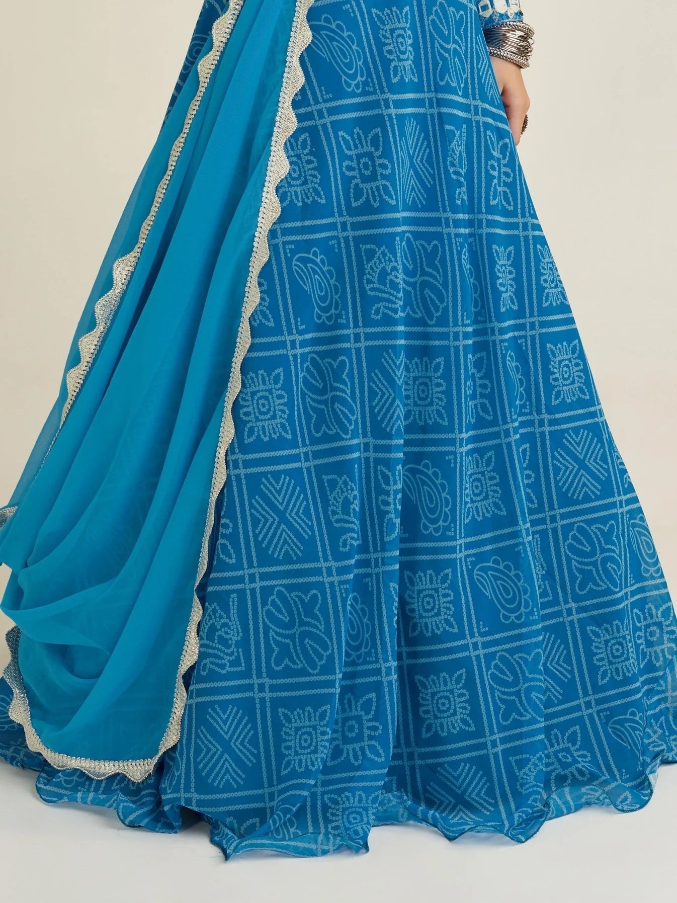 Gorgeous Sky-Blue Bandhani Print Georgette Navratri Wear Lehenga Choli