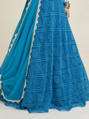 Gorgeous Sky-Blue Bandhani Print Georgette Navratri Wear Lehenga Choli