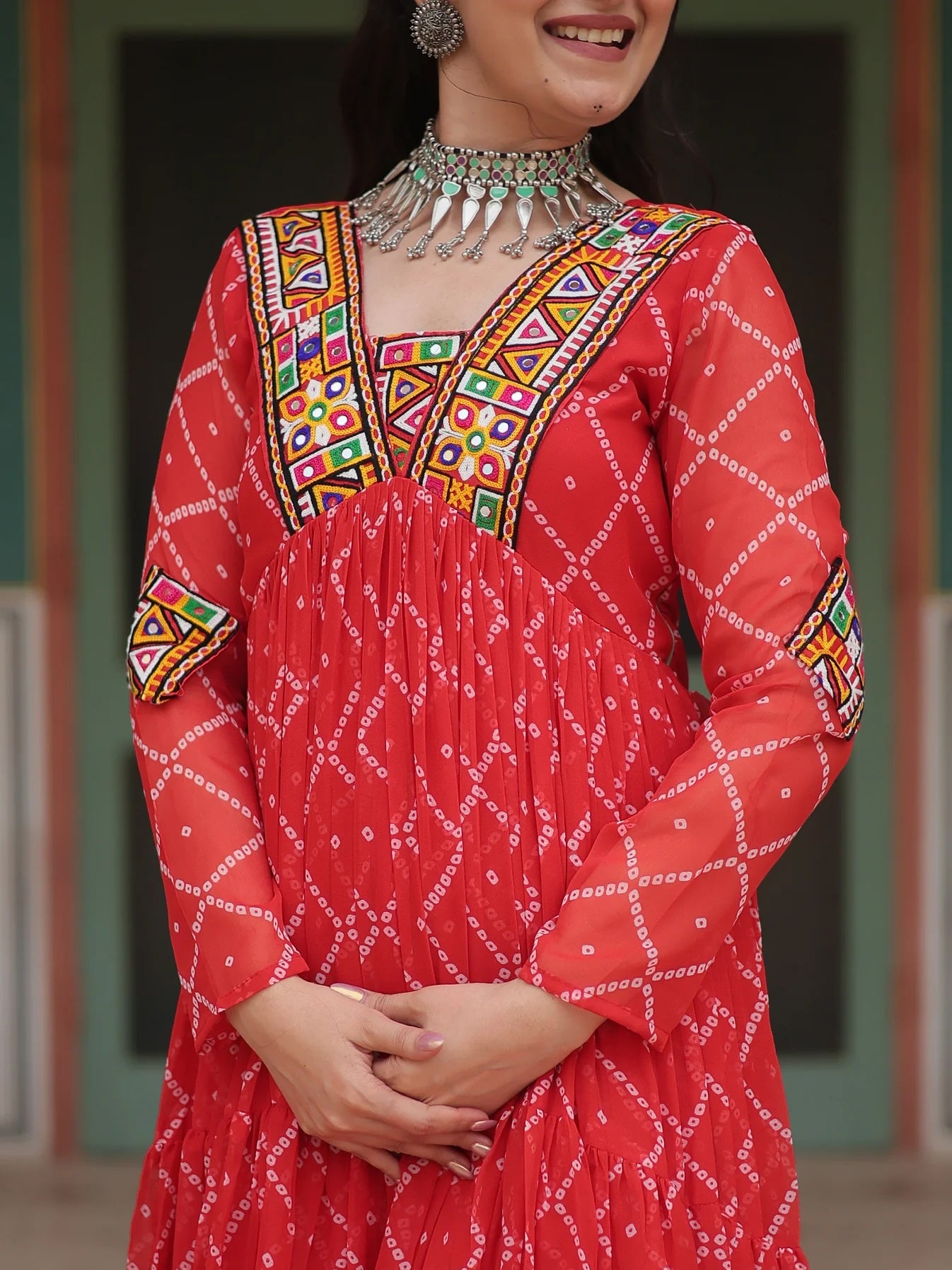 Stunning Red Bandhani Printed Georgette Gown For Festive Navratri Wear