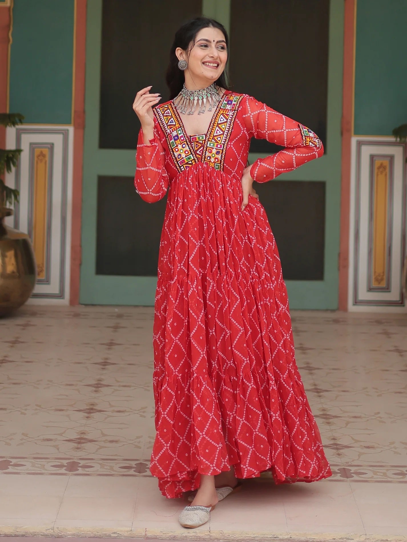 Stunning Red Bandhani Printed Georgette Gown For Festive Navratri Wear