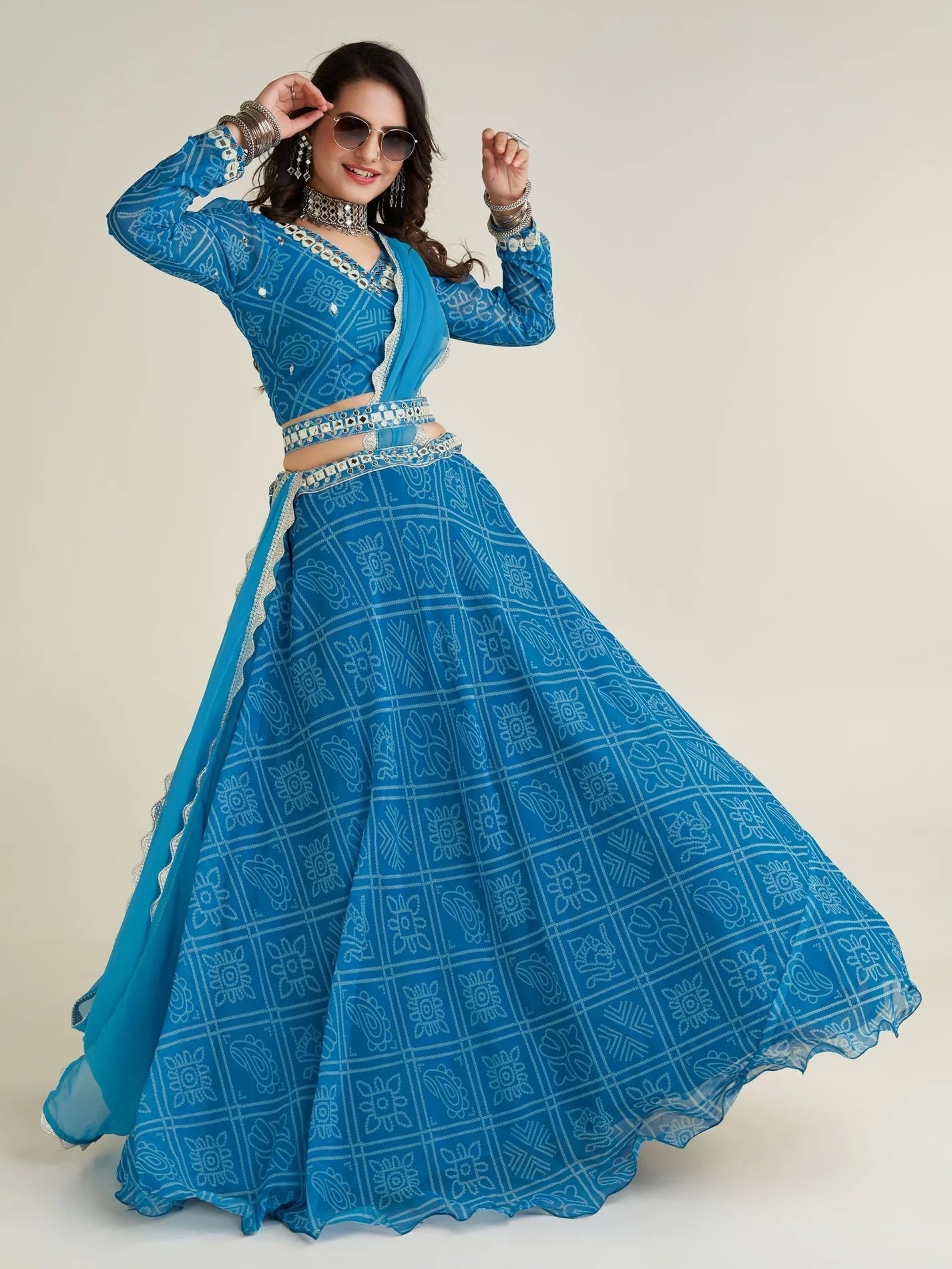 Gorgeous Sky-Blue Bandhani Print Georgette Navratri Wear Lehenga Choli