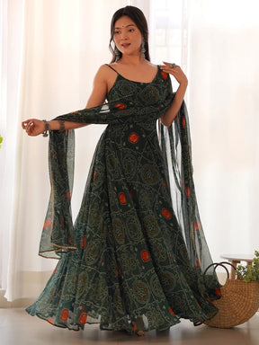 Enchanting Green Bandhani Printed Chiffon Gown for Festive Occasions