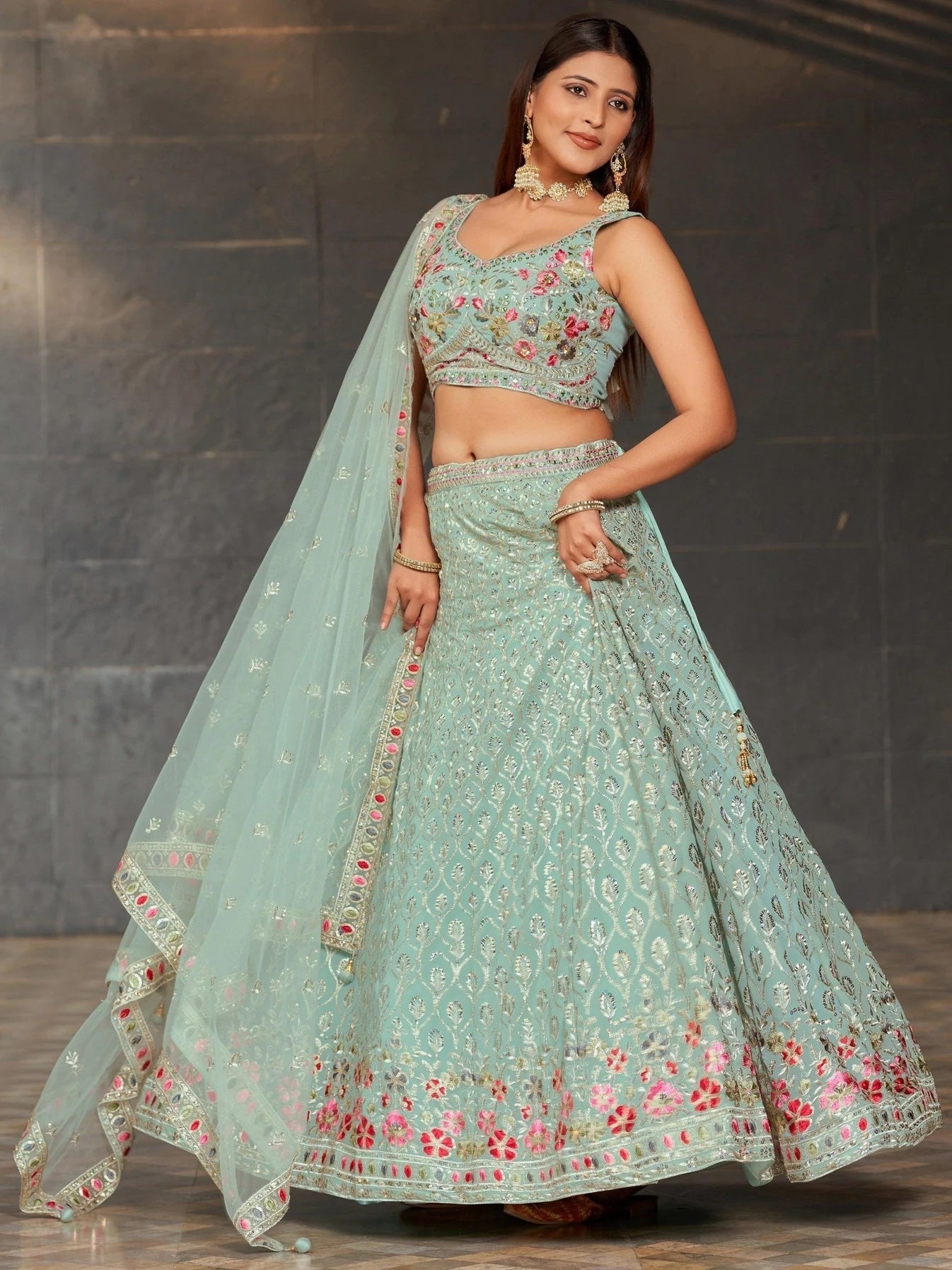 Gorgeous Sky-Blue Sequins Georgette Lehenga Choli for Special Occasions