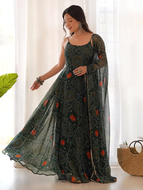 Enchanting Green Bandhani Printed Chiffon Gown for Festive Occasions