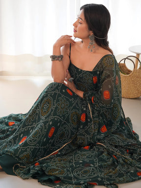 Enchanting Green Bandhani Printed Chiffon Gown for Festive Occasions