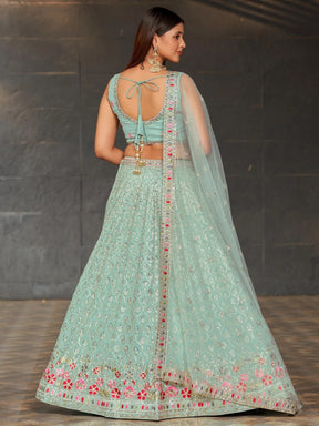 Gorgeous Sky-Blue Sequins Georgette Lehenga Choli for Special Occasions