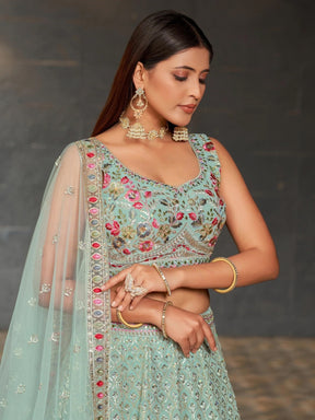 Gorgeous Sky-Blue Sequins Georgette Lehenga Choli for Special Occasions