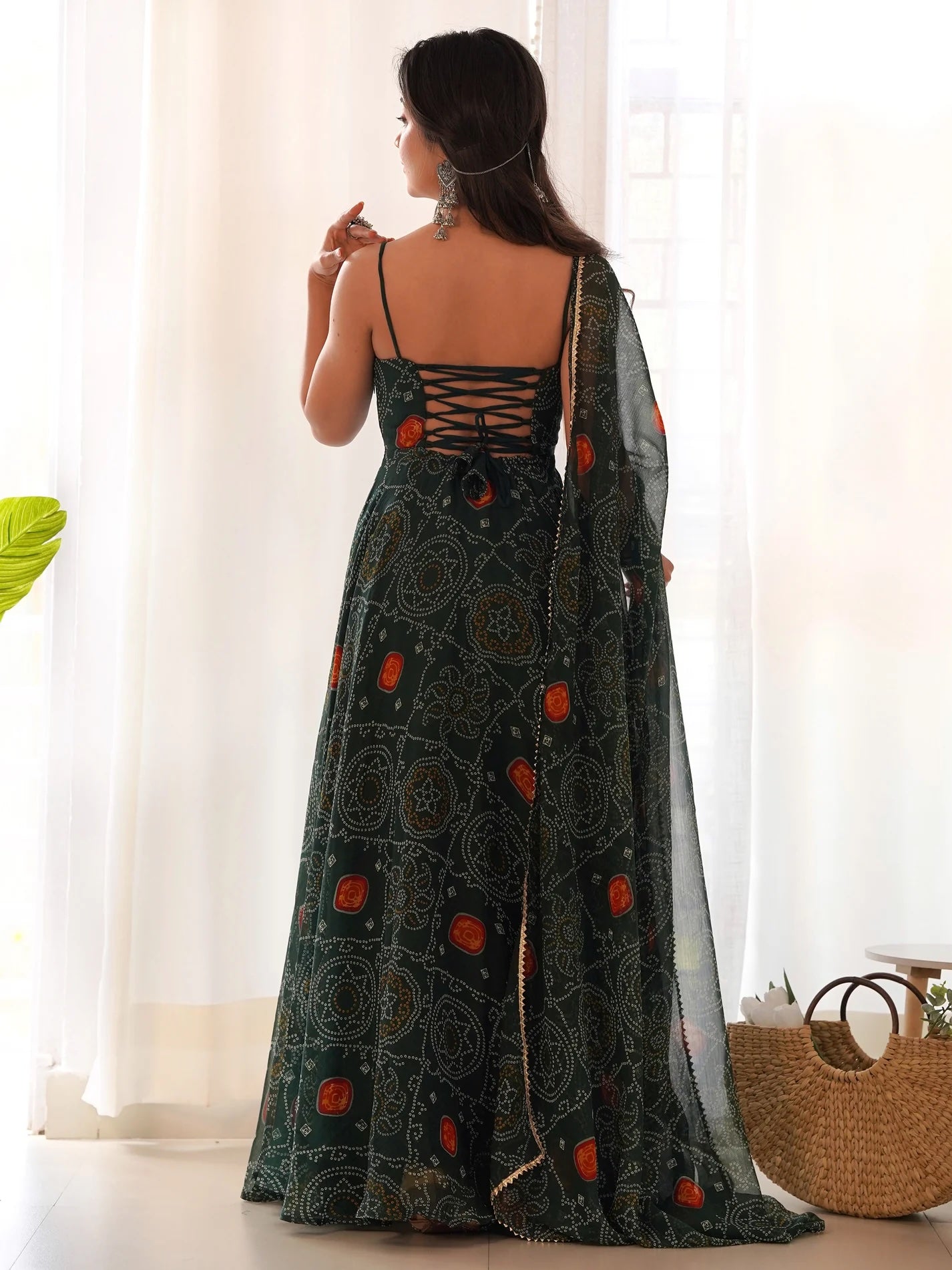 Enchanting Green Bandhani Printed Chiffon Gown for Festive Occasions