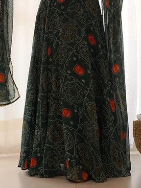 Enchanting Green Bandhani Printed Chiffon Gown for Festive Occasions