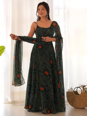 Enchanting Green Bandhani Printed Chiffon Gown for Festive Occasions