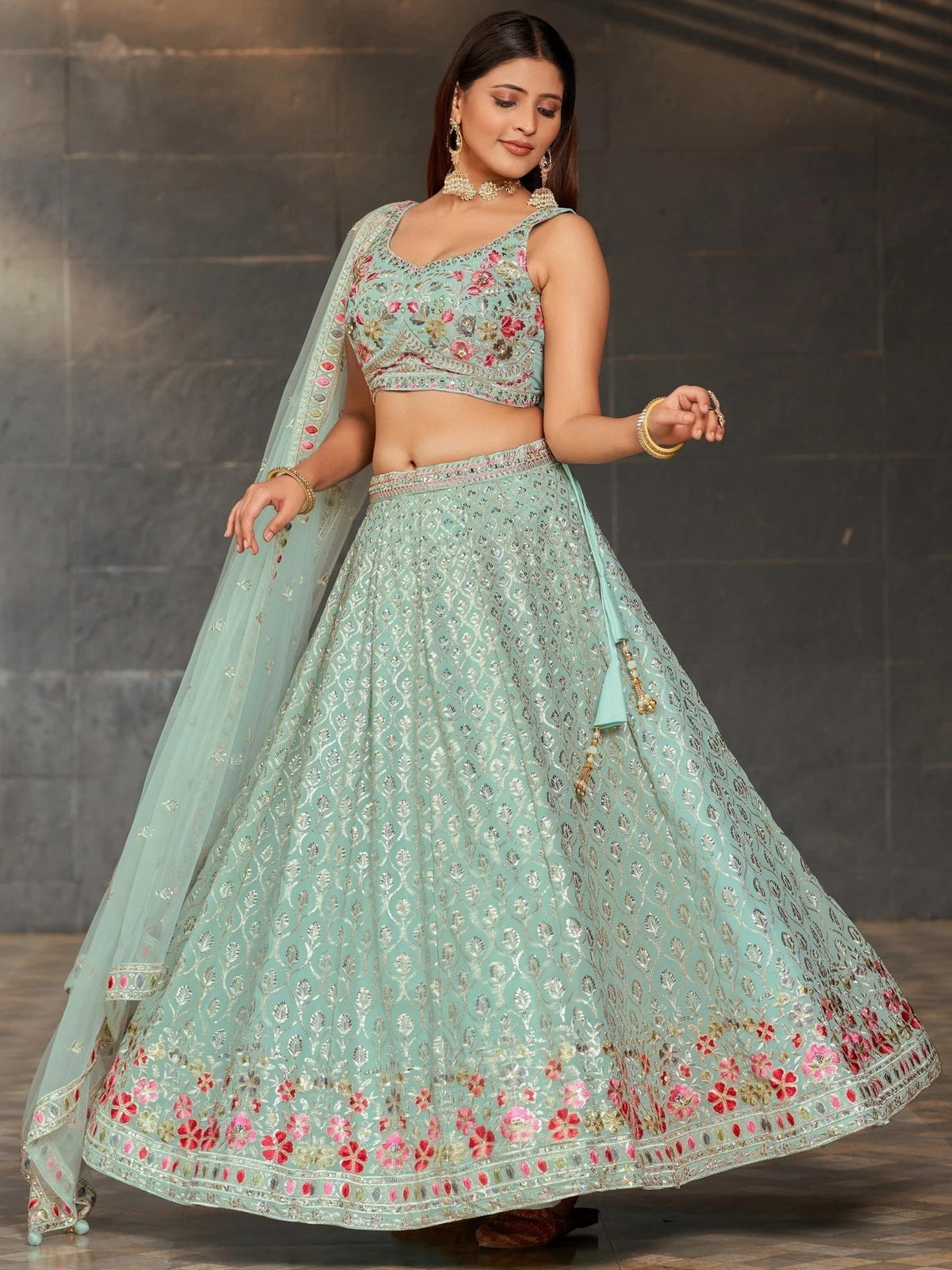 Gorgeous Sky-Blue Sequins Georgette Lehenga Choli for Special Occasions