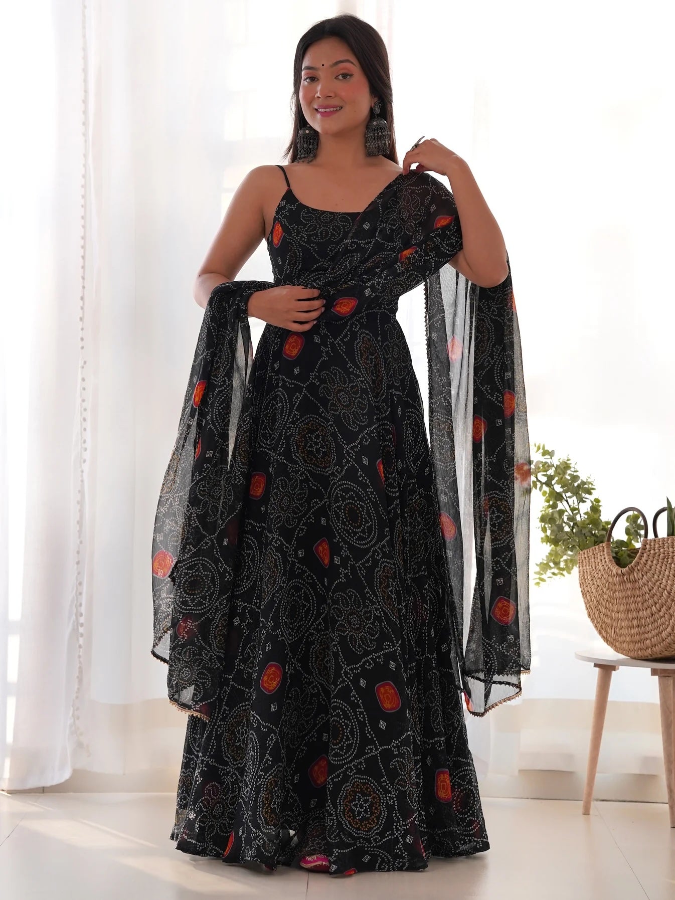 Captivating Black Bandhani Printed Chiffon Gown with Dupatta