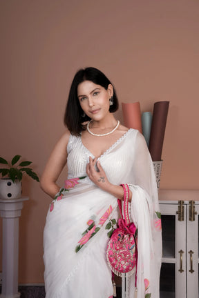 Hand painted White Chiffon Saree with Lace Borde