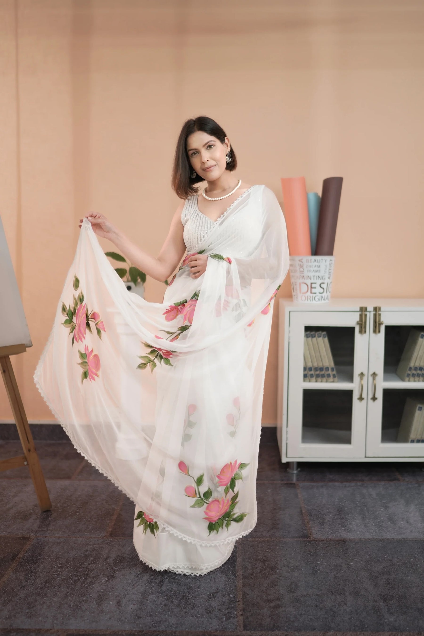 Hand painted White Chiffon Saree with Lace Borde