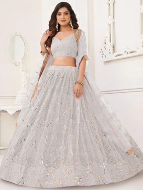 Stunning Off-White Sequins Net Wedding Wear Lehenga Choli With Dupatta