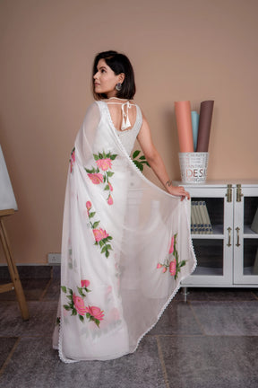 Hand painted White Chiffon Saree with Lace Borde