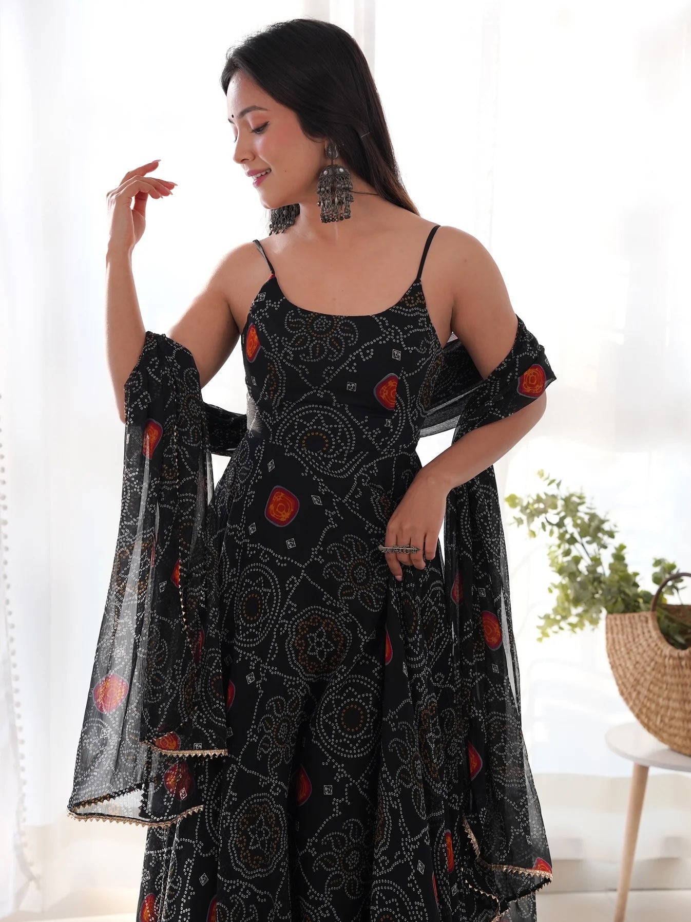 Captivating Black Bandhani Printed Chiffon Gown with Dupatta