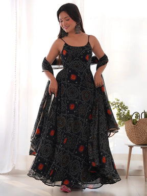 Captivating Black Bandhani Printed Chiffon Gown with Dupatta