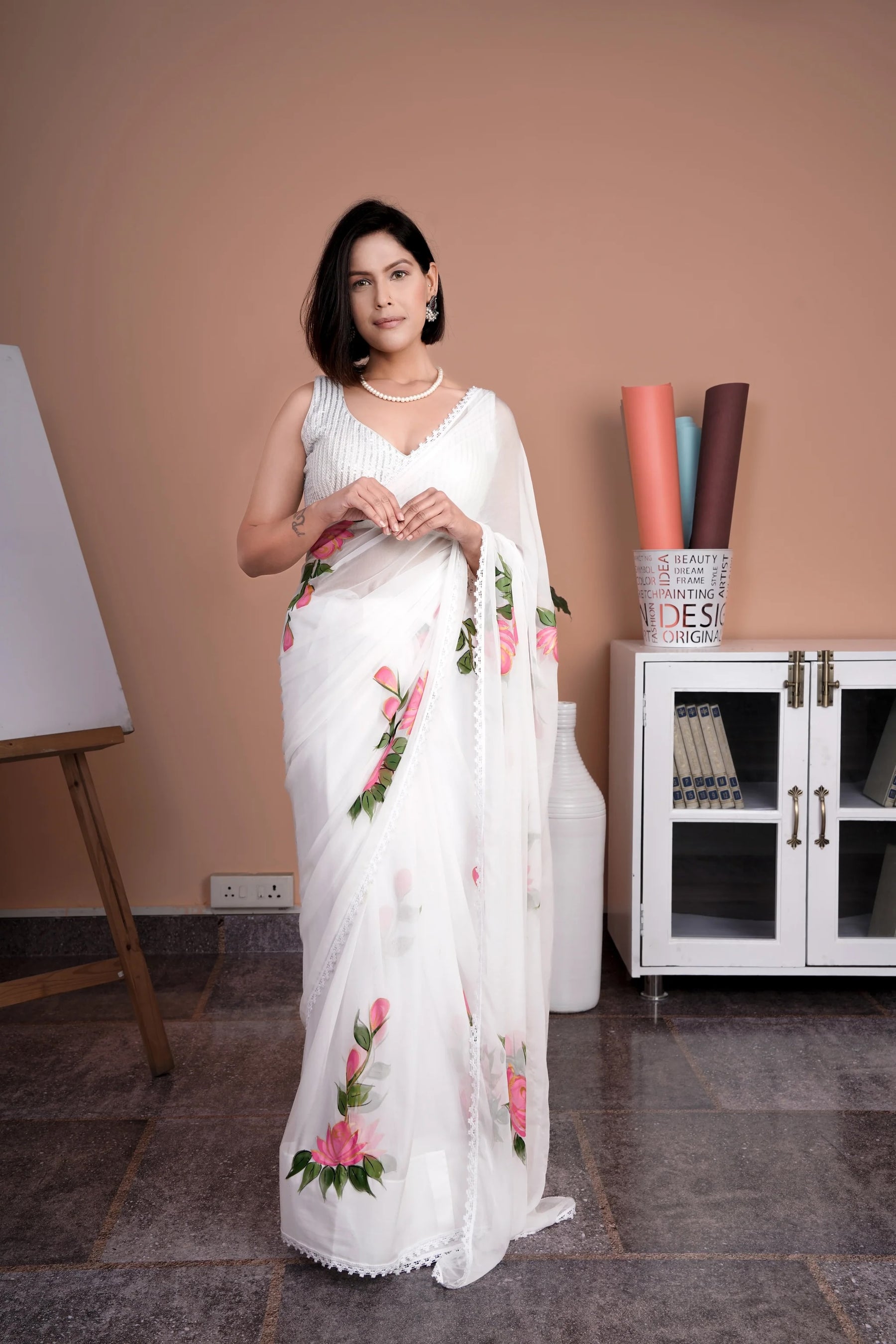 Hand painted White Chiffon Saree with Lace Borde