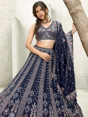 Marvelous Navy Blue Sequins Georgette Lehenga Choli With Dupatta