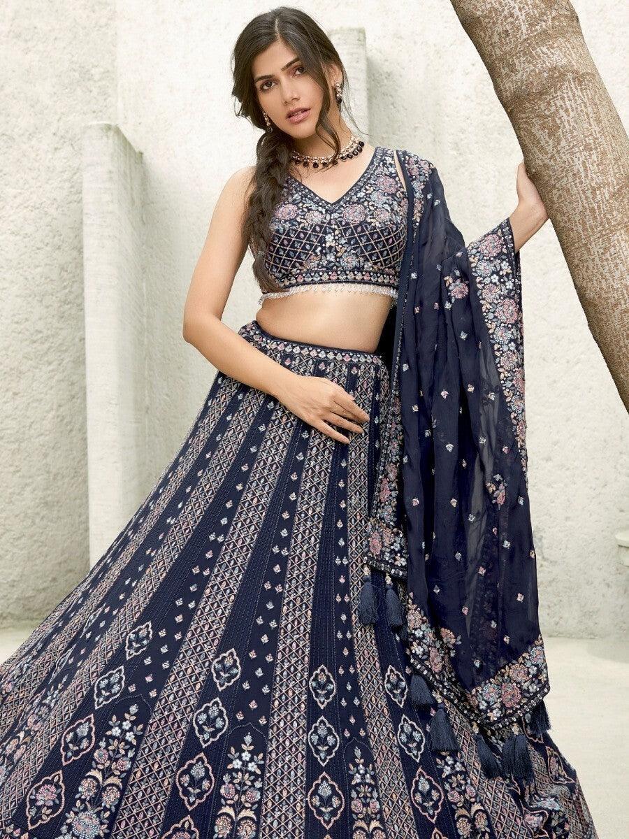 Marvelous Navy Blue Sequins Georgette Lehenga Choli With Dupatta