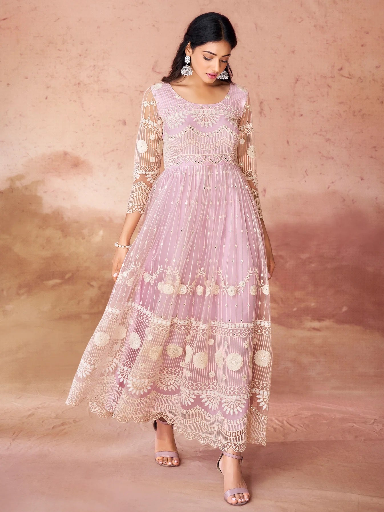 Awesome Baby Pink Embroidered Net Gown for Elegant Occasions