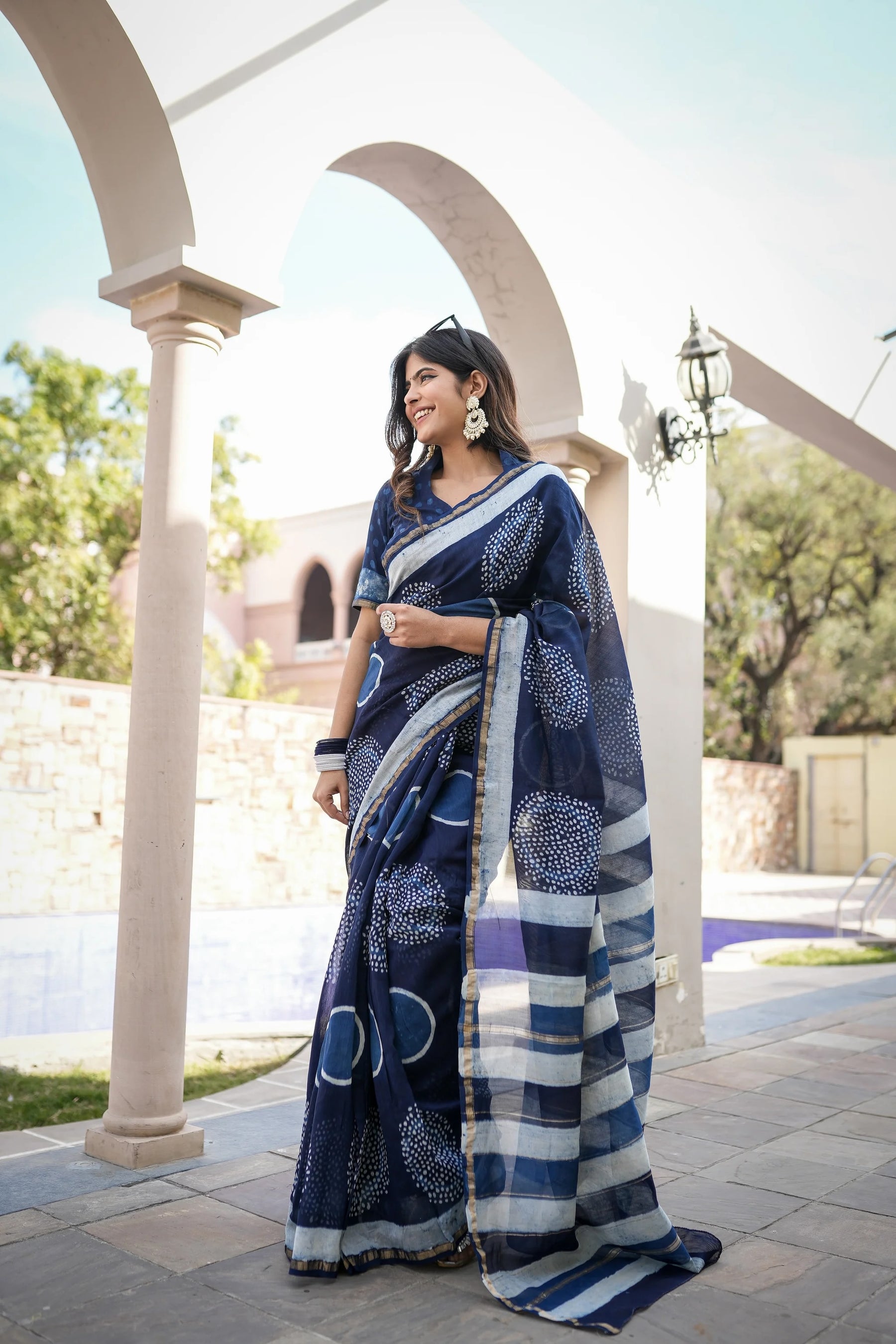 Blue Chanderi Handblock Saree with Celestial Motifs