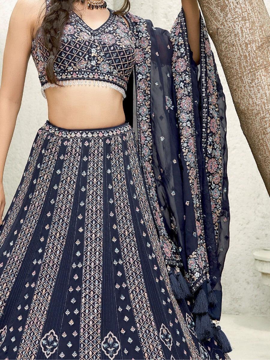 Marvelous Navy Blue Sequins Georgette Lehenga Choli With Dupatta