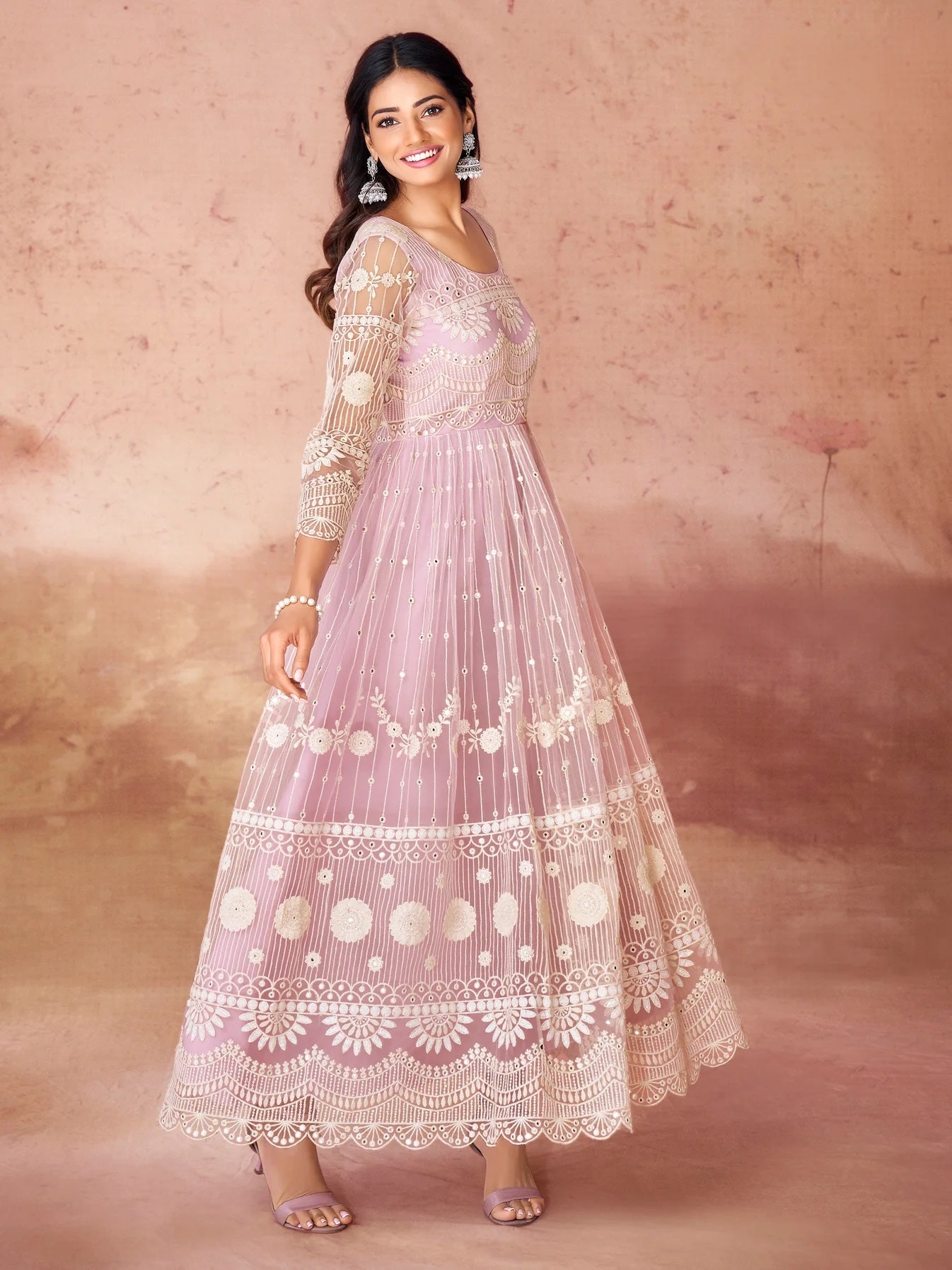 Awesome Baby Pink Embroidered Net Gown for Elegant Occasions