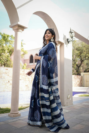 Blue Chanderi Handblock Saree with Celestial Motifs