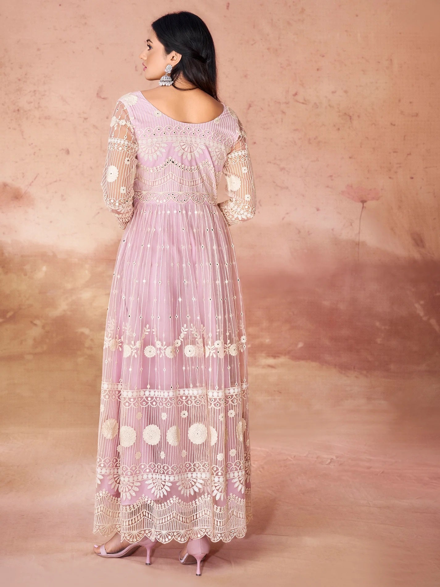 Awesome Baby Pink Embroidered Net Gown for Elegant Occasions