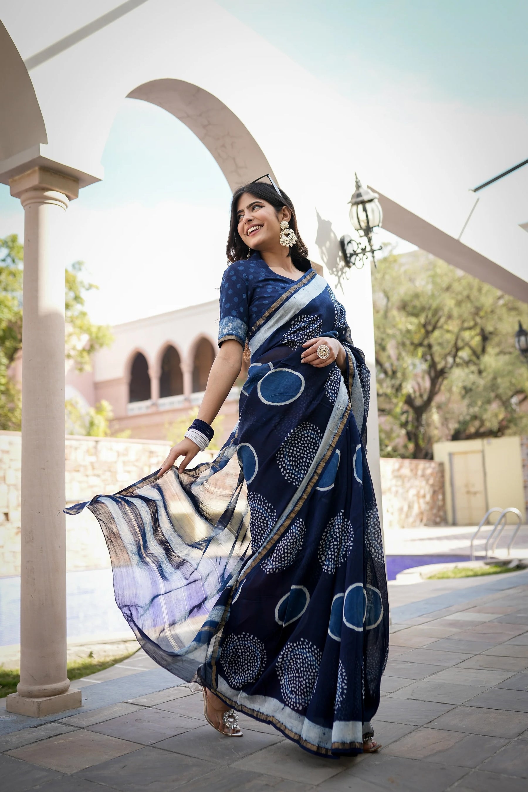 Blue Chanderi Handblock Saree with Celestial Motifs