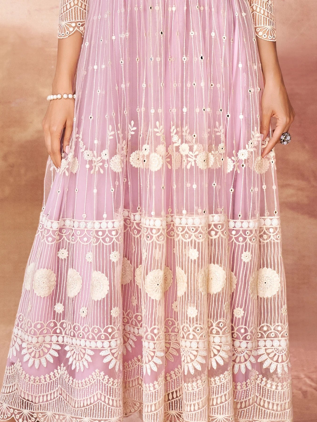 Awesome Baby Pink Embroidered Net Gown for Elegant Occasions
