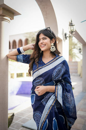 Blue Chanderi Handblock Saree with Celestial Motifs