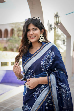 Blue Chanderi Handblock Saree with Celestial Motifs