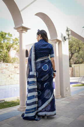 Blue Chanderi Handblock Saree with Celestial Motifs