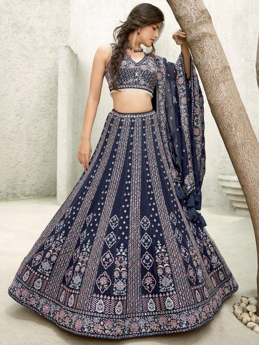 Marvelous Navy Blue Sequins Georgette Lehenga Choli With Dupatta