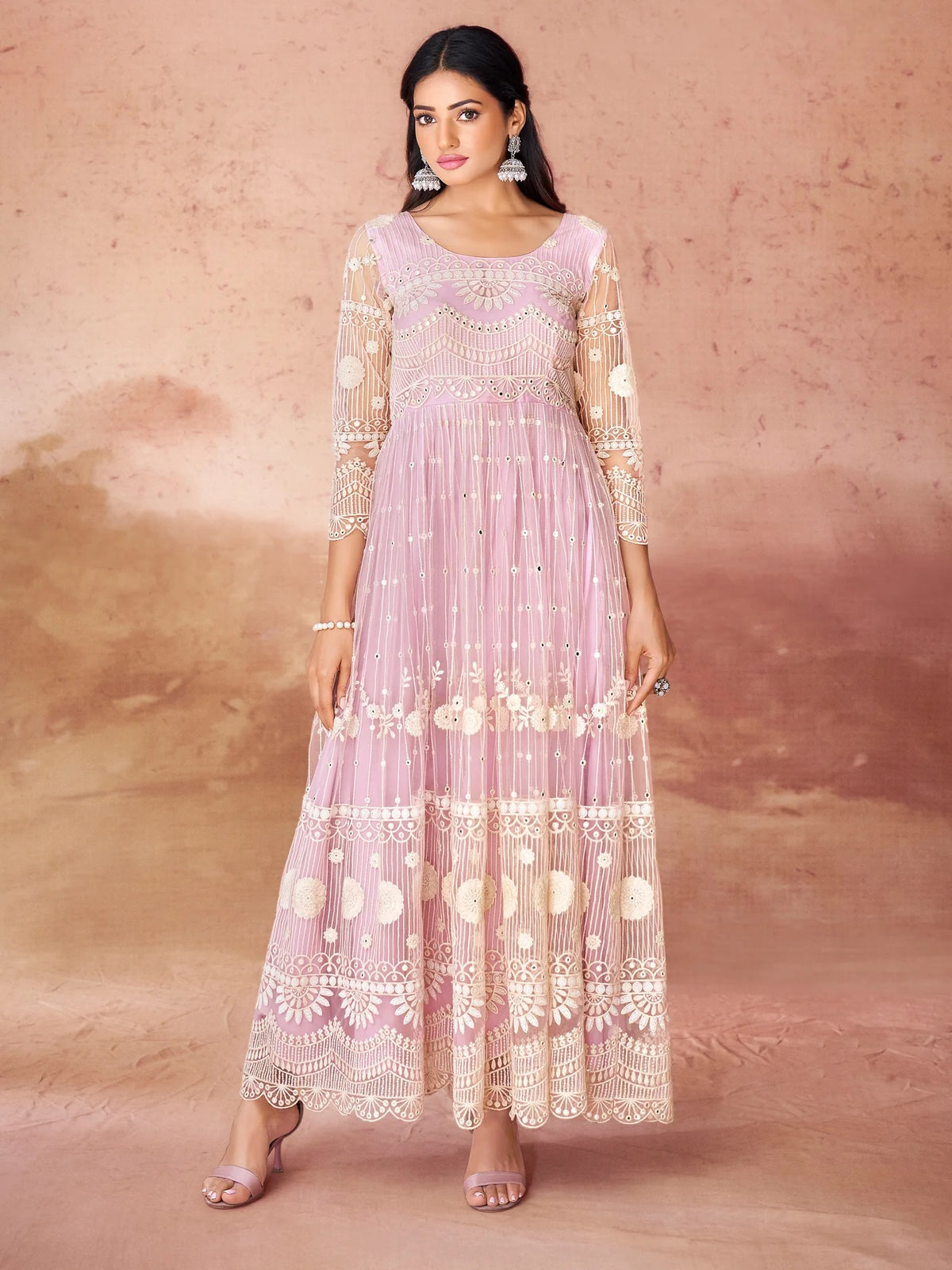 Awesome Baby Pink Embroidered Net Gown for Elegant Occasions