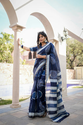 Blue Chanderi Handblock Saree with Celestial Motifs