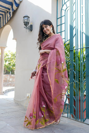 Handpainted Organza Saree with Floral Designs & Golden Zari Border