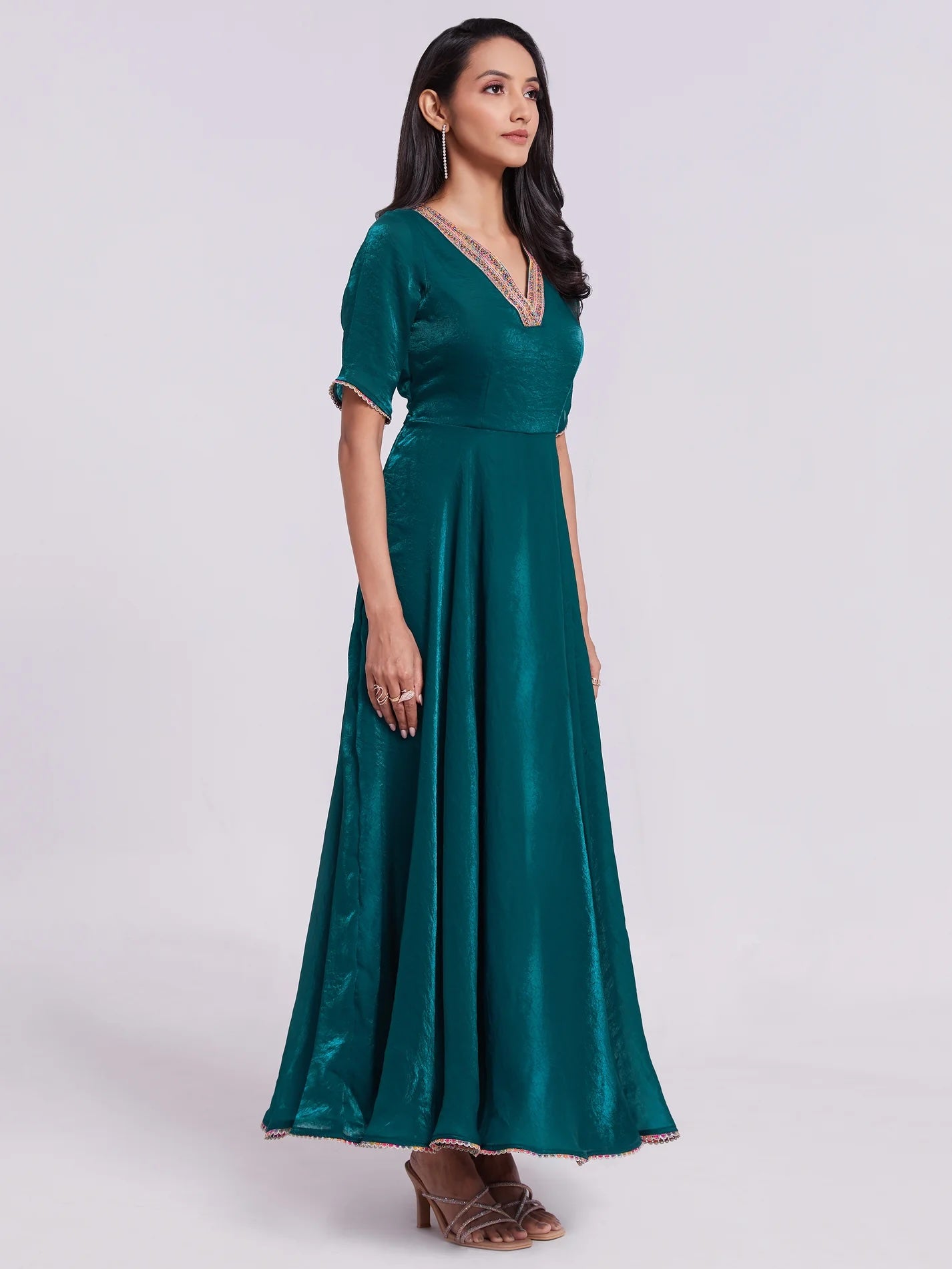 Marvelous Teal Blue Lace Work Organza Gown